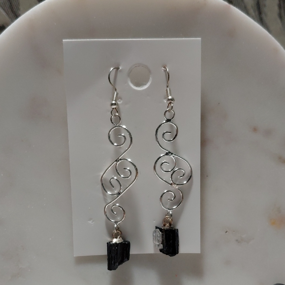 Silver Swirl Earrings with Black Tourmaline Accents